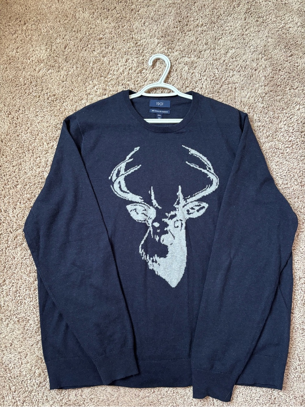 1901 Men's Black Crewneck Sweater with Light Gray Deer Graphic